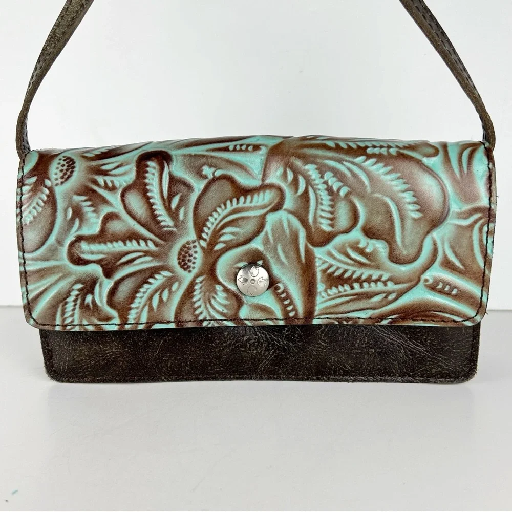 Patricia Nash Balloi Tooled Turquoise Floral Leather Crossbody Bag